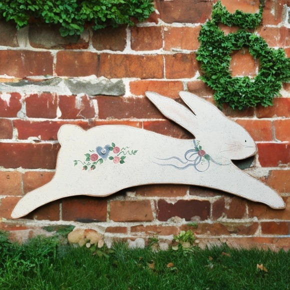 American Vintage Other - Vintage Wooden Bunny Wall Decor White Floral Cottagecore Easter Farmcore Country